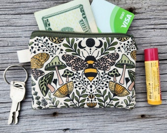 Bee, butterfly and mushroom zipper pouch, moon phases, lined vintage style forest zipper pouch, earbud bag, coin card purse organizer.