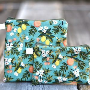 Citrus Rifle Paper Co cotton bag, sandwich bag- waterproof or organic cotton lined,  snack bag, zipper bag, fabric pouch, garden fabric