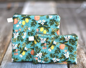 Citrus Rifle Paper Co cotton bag, sandwich bag- waterproof or organic cotton lined,  snack bag, zipper bag, fabric pouch, garden fabric