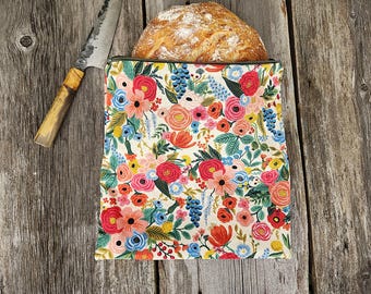 Floral Bread Bag: Rifle Paper Co. Garden Party Linen Cotton, Waterproof Lined, sourdough accessories