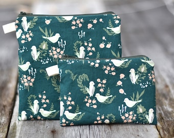 Floral Bird Snack Bag: Organic Cotton or Waterproof Lined Zipper Pouch