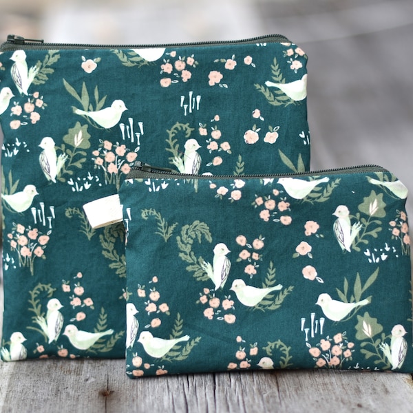 Floral and birds snack bag, sandwich bag- waterproof or organic cotton lined,  zipper bag, fabric pouch, coin purse