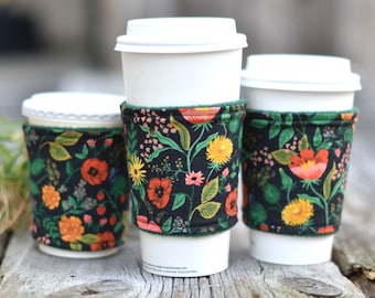 Dark floral fabric coffee cup sleeve, coffee cozy, iced drink cozy, drink cozy, rifle paper co fabric coffee cozy, beverage sleeve