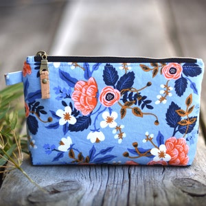 Blue floral cosmetics pouch, makeup bag, toiletries bag, rifle paper co fabric bag, boxy bottom bag, essentials bag