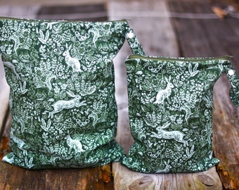 Rifle Paper Co. Woodland Wet Bag: Waterproof Zipper Pouch with Snap and rabbits