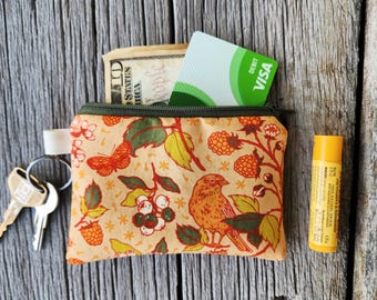 Organic Cotton Bird & Berry Pouch: Handmade Fabric Coin/Card Purse