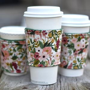 Pink rose fabric beverage cozy, coffee cozy, iced drink cozy, drink sleeve, rifle paper co fabric, beverage sleeve, insulated drink sleeve