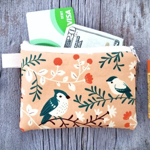 Organic cotton bird pouch,  zipper coin purse, earbud pouch,  card holder, Teagan White, chapstick bag, makup mini bag