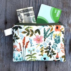 Petite pochette en tissu à fermeture éclair, sac en tissu Rifle Paper Co, pochette à fermeture éclair botanique vintage doublée, sac pour cartes-cadeaux, porte-monnaie pour pièces de monnaie