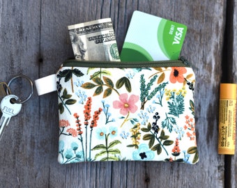 Small fabric zipper pouch, Rifle Paper Co fabric bag, lined vintage botanical zipper pouch, gift card bag, coin card change purse