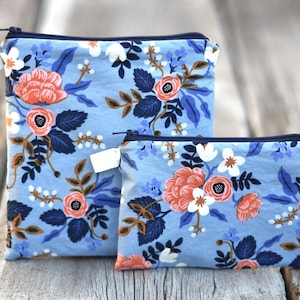 Blue floral snack bag, Rifle Paper Co bag, sandwich bag- waterproof or organic cotton lined,  zipper bag, fabric pouch, garden fabric