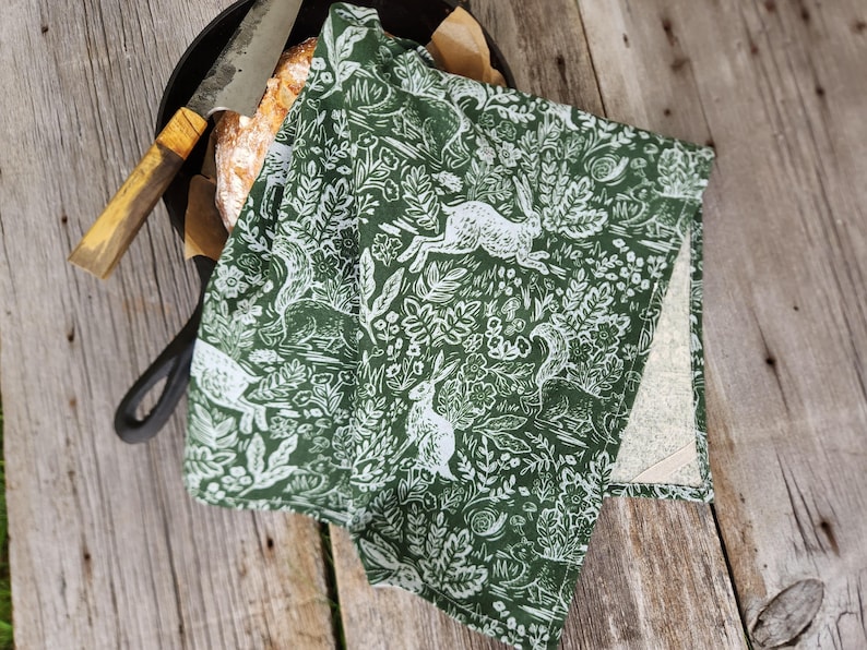 Rifle Paper Co. Woodland Tea Towel: Green Linen-Cotton Rabbit Print.