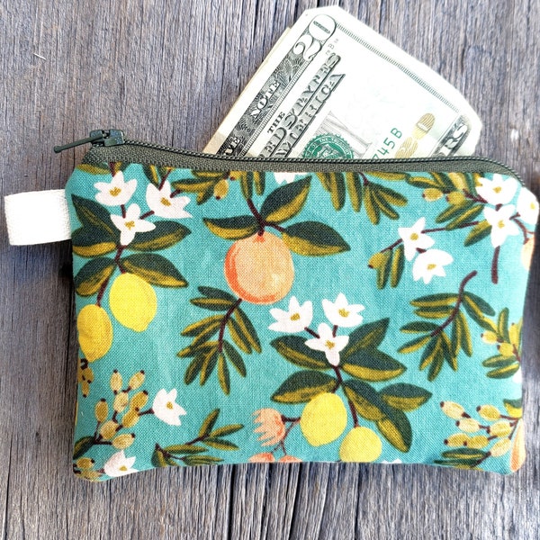 Citrus fabric zipper pouch, Rifle Paper Co fabric bag, lined vintage style citrus purse, gift card bag, coin card purse, Florida gift