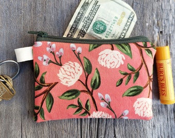 Peony fabric zipper pouch, Rifle Paper Co fabric bag, lined vintage botanical zipper pouch, essential oils bag, coin card purse