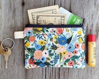 Fabric zipper pouch, Petite blue floral, Rifle Paper Co fabric bag, lined zip pouch, essential oils bag, coin card purse, mini cosmetics bag