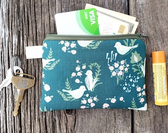 Organic Cotton Bird Pouch: Handmade Zipper Coin Purse (3.5"x5")