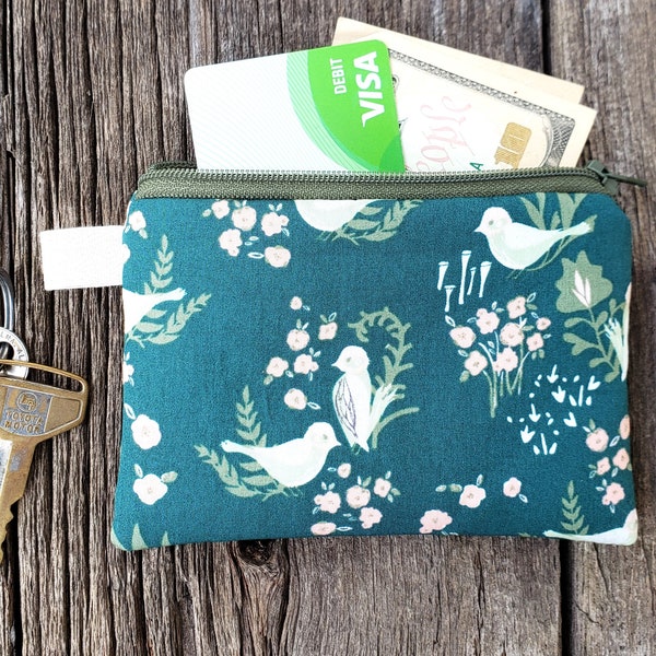 Organic cotton bird pouch,  zipper change purse, earbud pouch,  3.5"x5" pouch, handmade card holder, purse organizer
