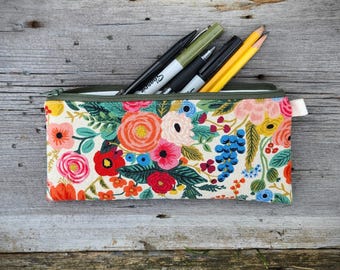 Floral Canvas Pencil Case: Rifle paper Co garden party waterproof lined fabric zipper pouch