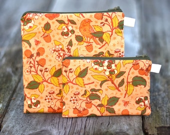 Organic cotton pouch, either food safe waterproof or organic cotton lined, floral snack pouch, makeup bag, zipper sandwich bag, purse