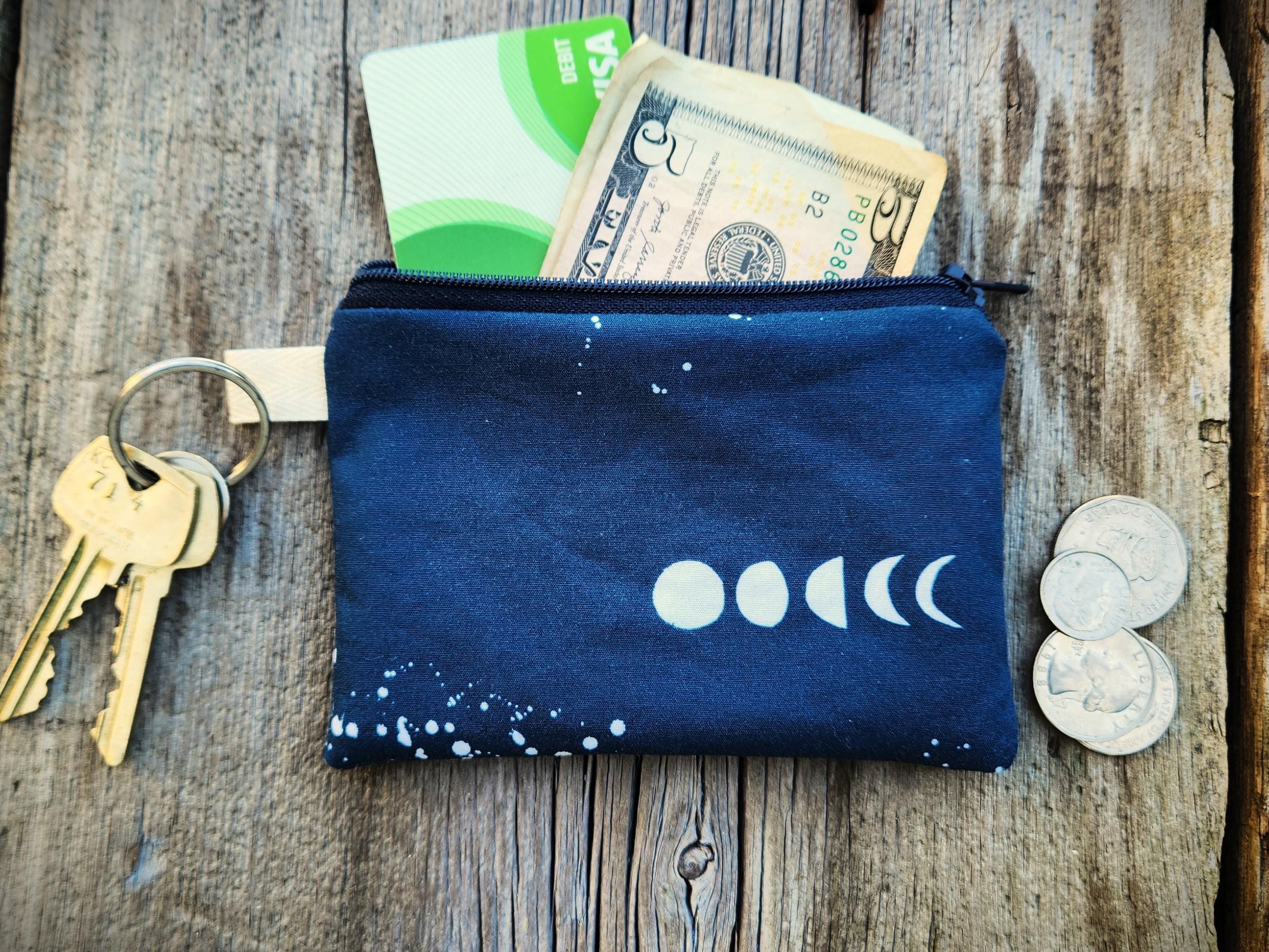 Moon phases organic cotton pouch,  zipper coin purse, earbud pouch,  card holder, small fabric bag 3.5x5"