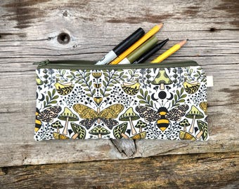 Bee and Mushroom Folk Pencil Case: Waterproof lined fabric zipper pouch, makeup brush bag