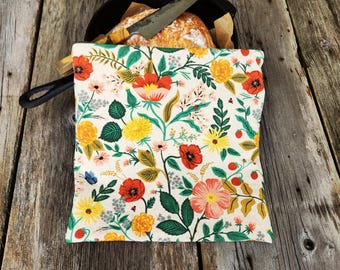 Floral Bread Bag: Rifle Paper Co. Poppy Fields Linen Cotton, Waterproof Lined, sourdough kitchen