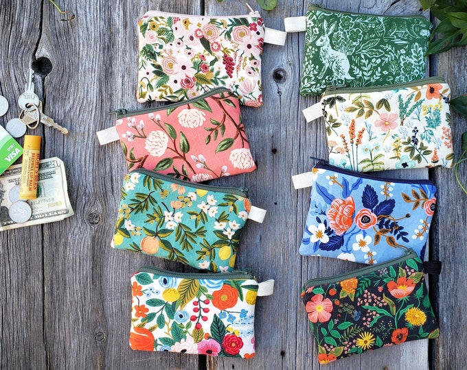 Small lined cotton fabric zipper pouch: Purse organizer, Rifle Paper floral card/coin bag.