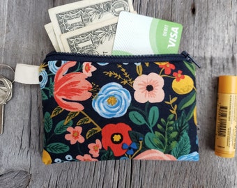 Handmade navy floral coin/card purse or pouch, Rifle Paper Co garden party fabric bag, lined zipper pouch, earbud pouch