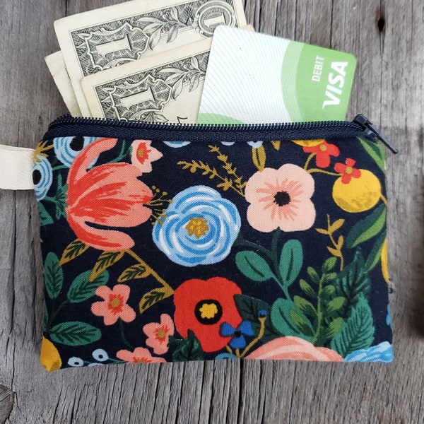 Handmade navy floral coin/card purse or pouch, Rifle Paper Co garden party fabric bag, lined zipper pouch, earbud pouch