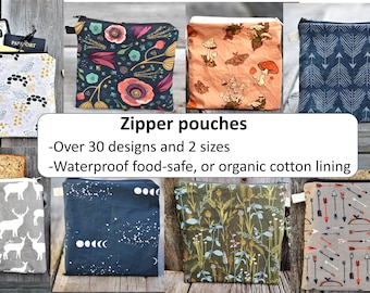 Organic cotton zipper bags, choose your size print and lining, waterproof food safe or organic cotton, makeup bag, sandwich bag, snack pouch