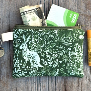 Woodland fabric zipper pouch, Rifle Paper Co fabric bag, lined vintage style forest zipper pouch, earbud bag, coin card purse