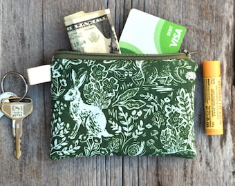 Woodland fabric zipper pouch, Rifle Paper Co fabric bag, lined vintage style forest zipper pouch, earbud bag, coin card purse