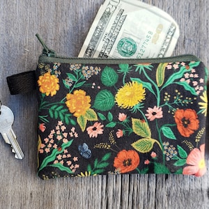 Handmade coin/card purse or pouch, Rifle Paper Co fabric bag, lined floral zipper pouch