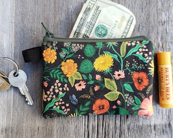 Handmade coin/card purse or pouch, Rifle Paper Co fabric bag, lined floral zipper pouch