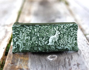 Rabbit Pencil Case: Green Woodland Rifle Paper Co. brush bag, waterproof lining snack pouch