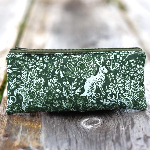 Rabbit Pencil Case: Green Woodland Rifle Paper Co. brush bag, waterproof lining snack pouch