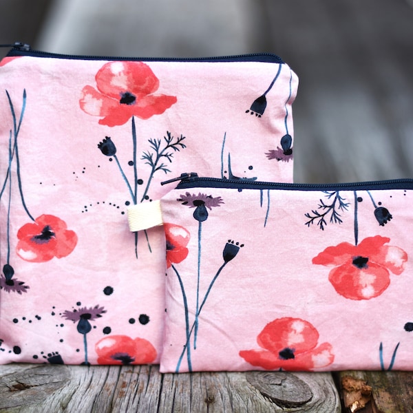 Poppy fabric bag, organic cotton, reusable sandwich bag, floral snack pouch, waterproof or cotton lining, makeup toiletries bag,zipper pouch