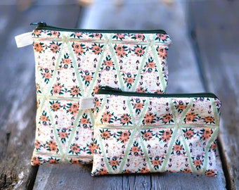 Floral Organic Cotton Pouch: Waterproof Toiletry or Makeup Bag