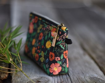 Handmade floral cosmetics bag, makeup bag, toiletries bag, rifle paper co fabric bag, floral toiletry bag, black floral