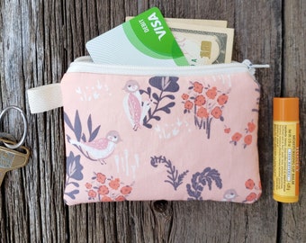 Organic cotton bird pouch,  3.5"x5" zipper change purse, earbud pouch,  handmade card holder, purse organizer, small fabric bag