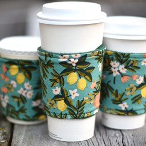 Citrus Floral Coffee Cozy: Rifle Paper Co. Fabric Beverage Sleeve.