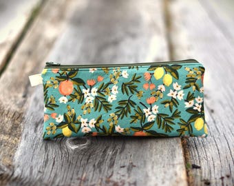 Citrus Pencil Case: Rifle paper Co waterproof lined fabric rectangular pouch, makeup brush bag