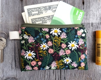 Wildflower coin/card purse or pouch, Rifle Paper Co fabric bag, lined floral zipper pouch, earbud pouch