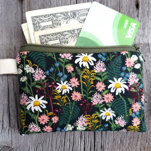 Wildflower coin/card purse or pouch, Rifle Paper Co fabric bag, lined floral zipper pouch, earbud pouch