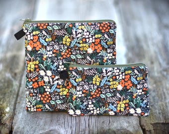Dark Floral Zipper Bag: Rifle Paper Co. Fabric, Waterproof or cotton Lined