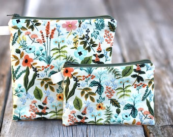 Wild flower zip bag, toiletries cosmetics bag, sandwich snack bag, food safe waterproof or ogranic cotton lined, makeup pouch, floral bag