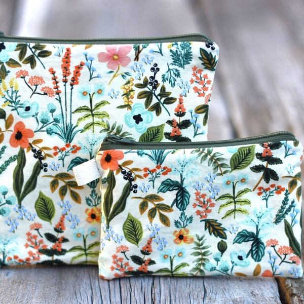 Wild flower zip bag, toiletries cosmetics bag, sandwich snack bag, food safe waterproof or ogranic cotton lined, makeup pouch, floral bag