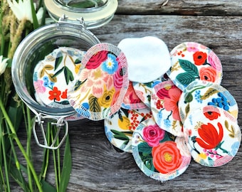 Floral Cotton Bamboo Facial Rounds, 3" Reusable Makeup Remover Pads, Set of 10
