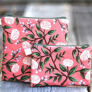 Peony cotton snack bag, Rifle Paper Co bag, sandwich bag- waterproof or organic cotton lined,  zipper bag, makeup bag, garden fabric,