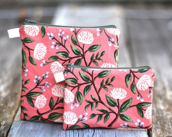 Peony cotton snack bag, Rifle Paper Co bag, sandwich bag- waterproof or organic cotton lined,  zipper bag, makeup bag, garden fabric,